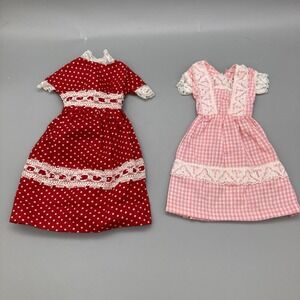 Set Of 2 Vintage Handmade Barbie Dresses Red White Polka Dot/Pink Gingham
